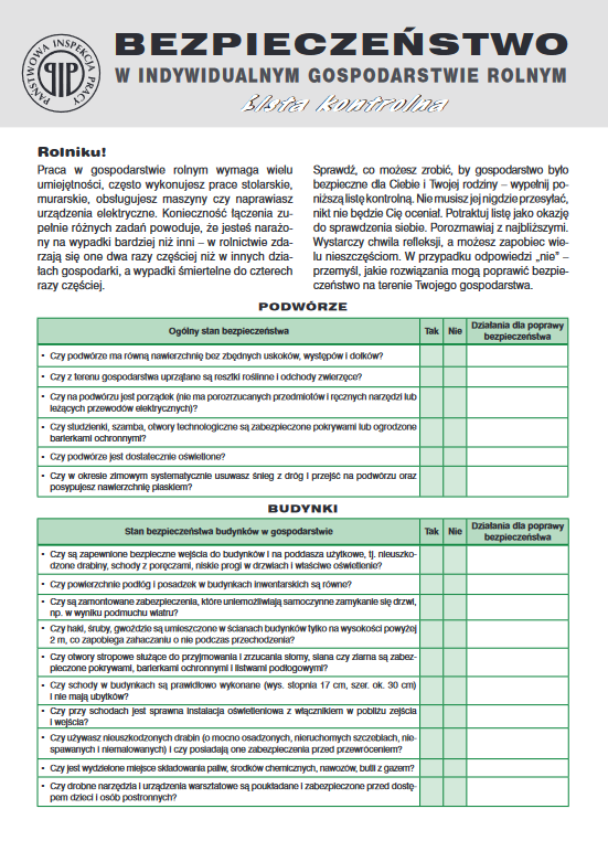 Bezpieczeństwo w gospodarstwie rolnym - lista kontrolna 